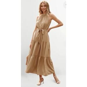 NWT Pretty Garden Summer Maxi Dress Sleeveless Halter Neck Flowy Ruffle Dress